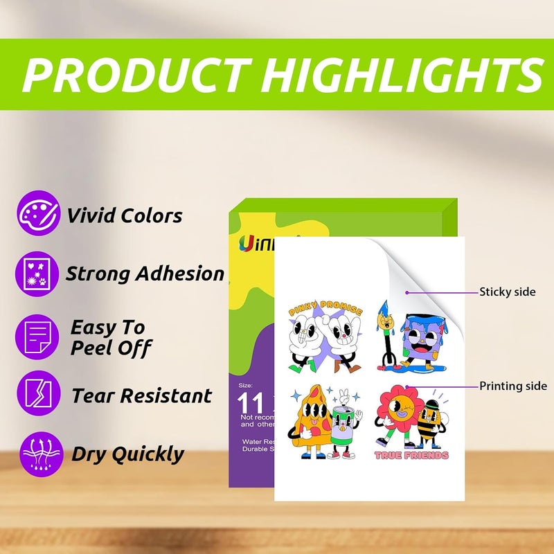 Uinkit Printable Premium Vinyl Sticker for Inkjet Printer 11x17 inch 10Sheets Matte White Sticker Paper Waterproof Adhesive Vivid Colors - Image 2